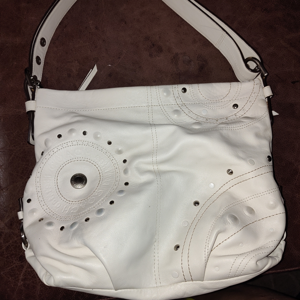 Coach Cream Leather Shoulder Bag with Stud Details